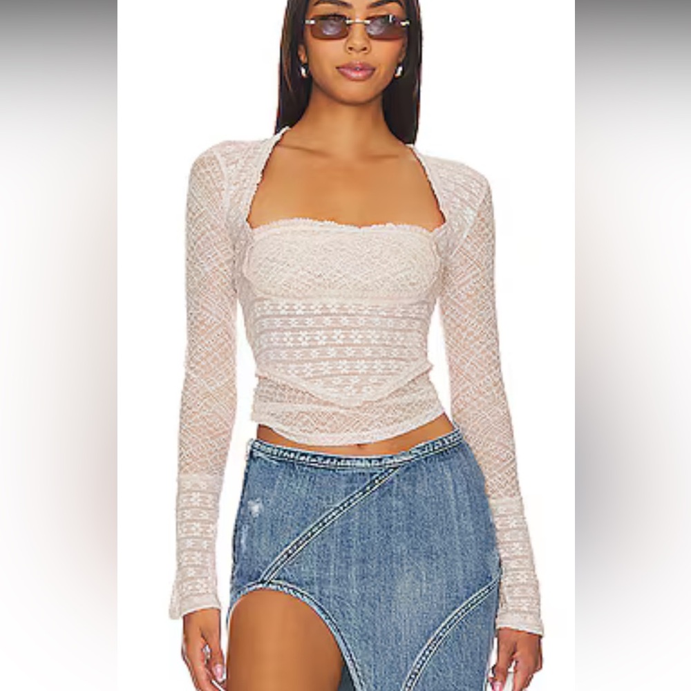 Free People Cream Sheer Fitted Long Sleeve Top